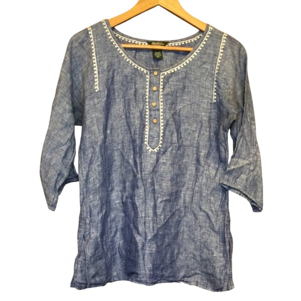 Eddie Bauer Womens Linen Top Button Details Blue Petite Size M Coastal Resort